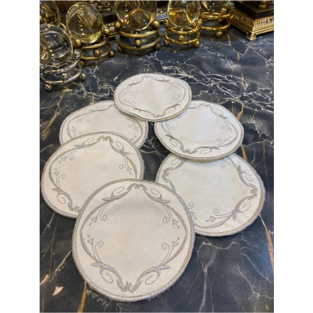 Teksev Taç Gümüş 6'lı Kahve Yanı Sunum Peçetesi Linen Keten Nakış Işlemeli Sunumluk Peçete - 15 x 15 cm Masa Örtüsü Fiyatı