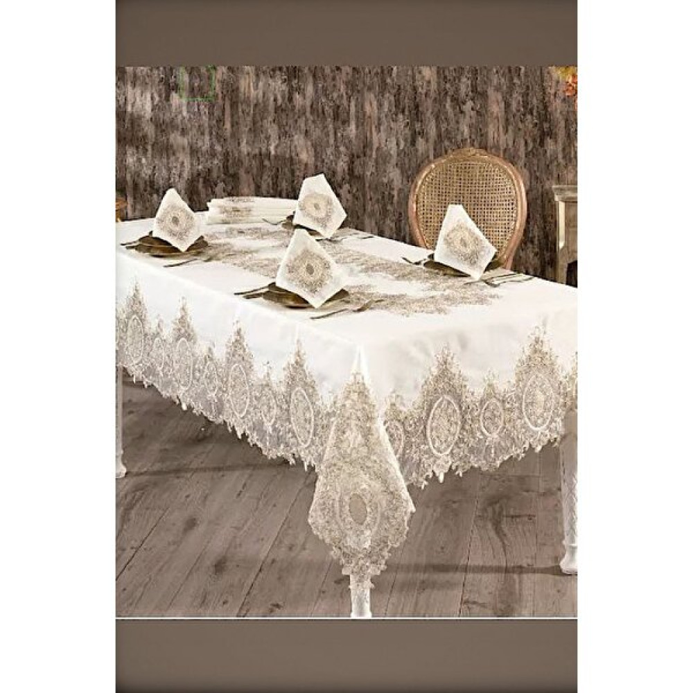 Teksev Valide Sultan Krem Çeyizlik Dantelli 26 Parça 12 Kişilik Yemek Masa Örtüsü Runner Takımı - 160 x 260 cm Masa Örtüsü Fiyatı