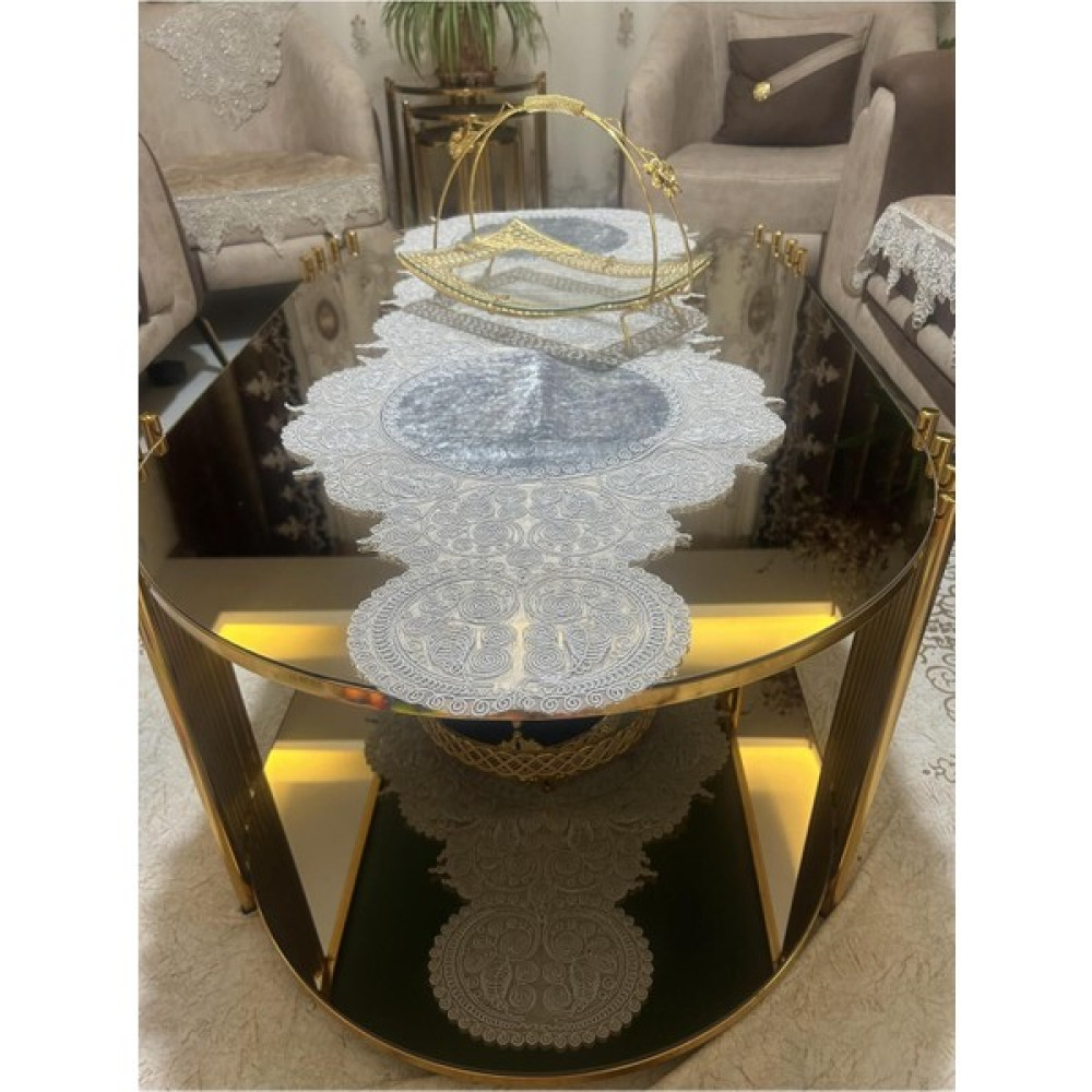 Tekstilsa Yeni Lüks Runner Salon Oda Sehpa Masa Örtüsü Kadife Salon Takımı 5 Parça Gri - 140 x 50 cm Masa Örtüsü Fiyatı