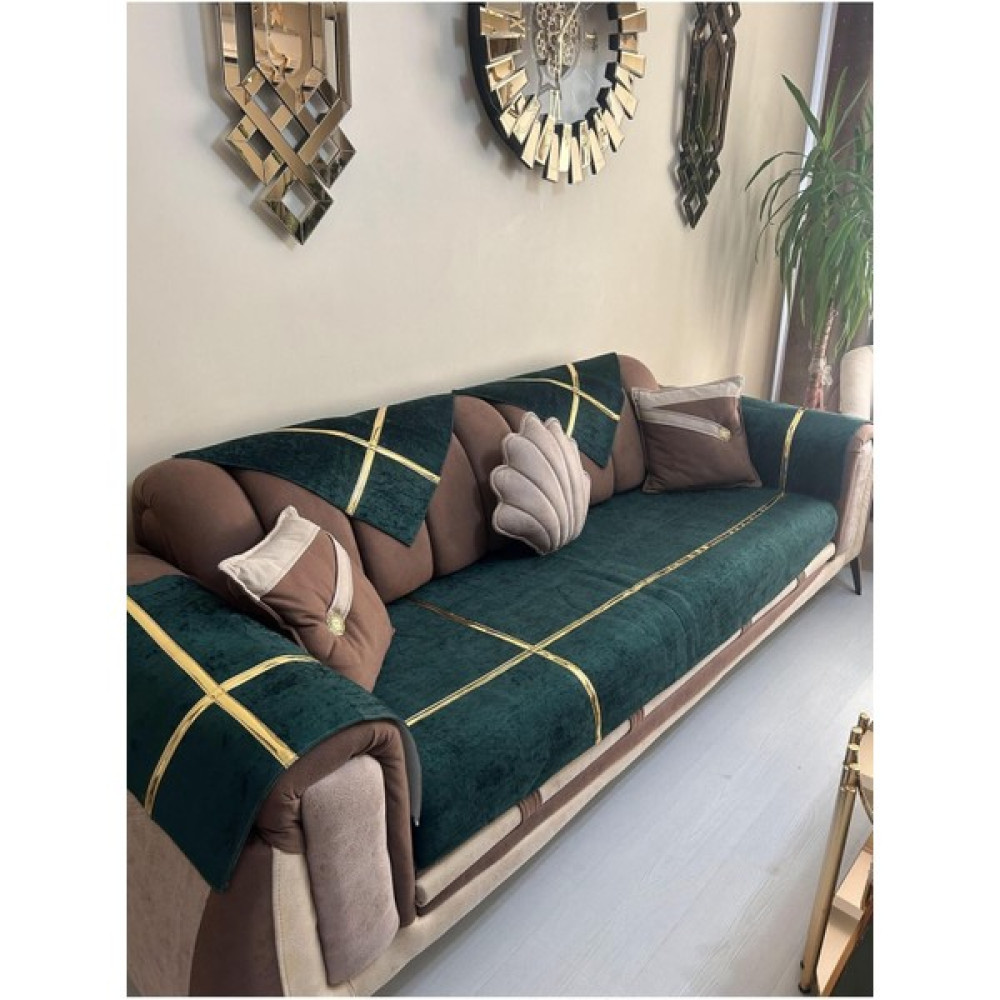 Tekstilsa Yeni Moda Lüks Kadife Süngerli Koltuk Çekyat Örtüsü (12 Parça Takım 3,3,1,1) Yeşili Rengi - 95 x 200 cm - Yeşil Koltuk & Kanepe Örtüsü Fiyatı