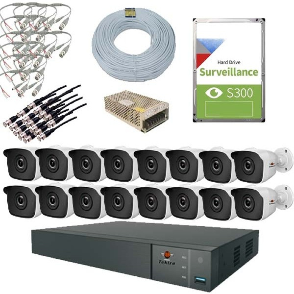 Tektra 16'lı 2MP Full Set (16 Dış Kamera+16 Kanal TVT H65 Kayıt Cihazı+4tb Hard DISK+BNC+ADJ+400MT KABLO+20AHADAPTÖR) Güvenlik Kameraları Fiyatı