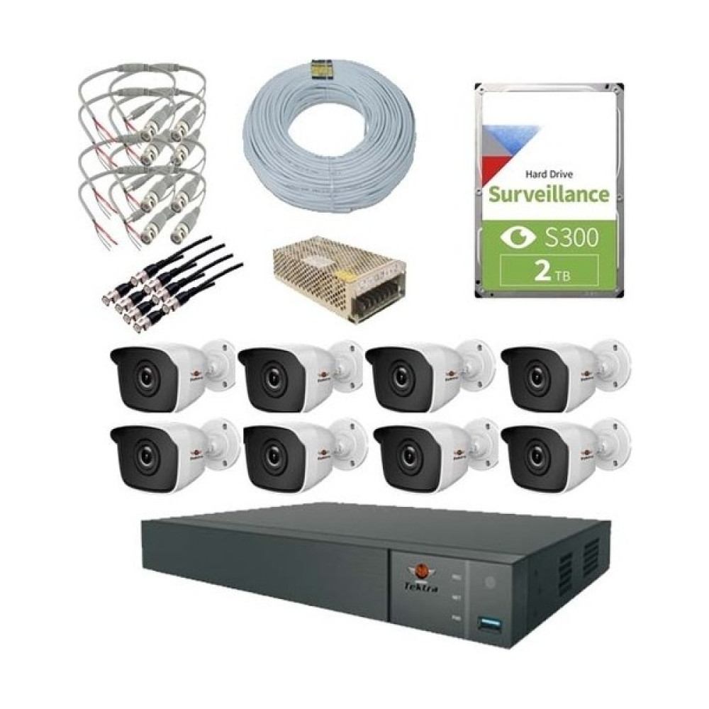 Tektra 2MP 8'li Ahd Kamera Full Set (8 Kamera+8 Kanal TVT H65 Kayıt Cihazı+BNC+BNC+ADJ+200MT+15AH Adaptör+2tb Hard Disk+Buat) Güvenlik Kameraları Fiyatı