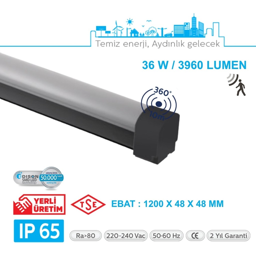 Teletek LED Etanj 36W Radar Hareket Sensörlü Aydınlatma - Otopark, Depo ve Garaj Tipi - Su Geçirmez Tavan Lambası - SİYAH GÖVDE - 3000K - Gün Işığı Giyim & İç Giyim Fiyatı