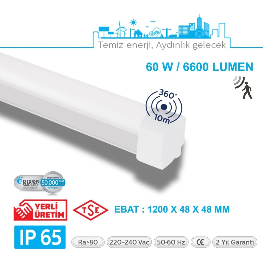 Teletek LED Etanj 60W Radar Hareket Sensörlü Aydınlatma - Otopark, Depo ve Garaj Tipi - Su Geçirmez Tavan Lambası - BEYAZ GÖVDE - 3000K - Gün Işığı Giyim & İç Giyim Fiyatı