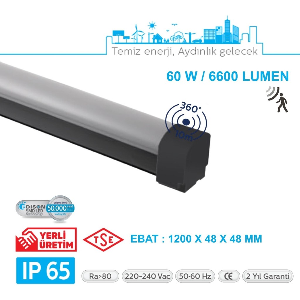 Teletek LED Etanj 60W Radar Hareket Sensörlü Aydınlatma - Otopark, Depo ve Garaj Tipi - Su Geçirmez Tavan Lambası - SİYAH GÖVDE - 6500K - Beyaz Giyim & İç Giyim Fiyatı
