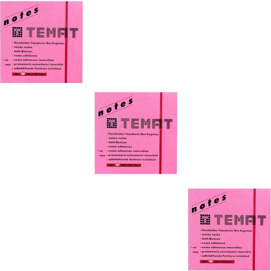 Temat Yapışkanlı Kağıt Postit Fosforlu Pembe 75 x 75 mm 3'lü Diğer Fiyatı