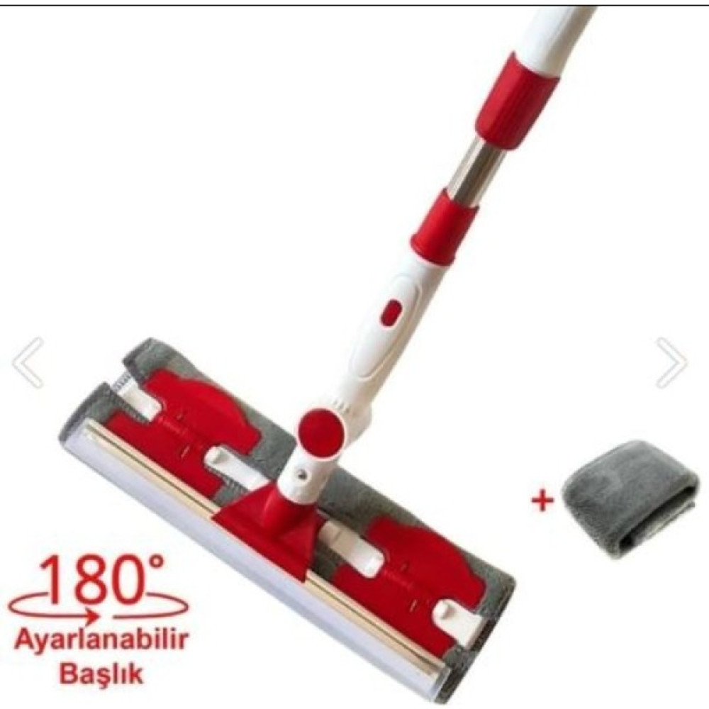 Temizcan Tedarik 180 Derece Oynar Başlıklı Mikrofiber, Çekçekli Teleskopik Cam Silme Aparatı + Yedek Bez - Kırmızı - Standart Ev Temizliği Fiyatı