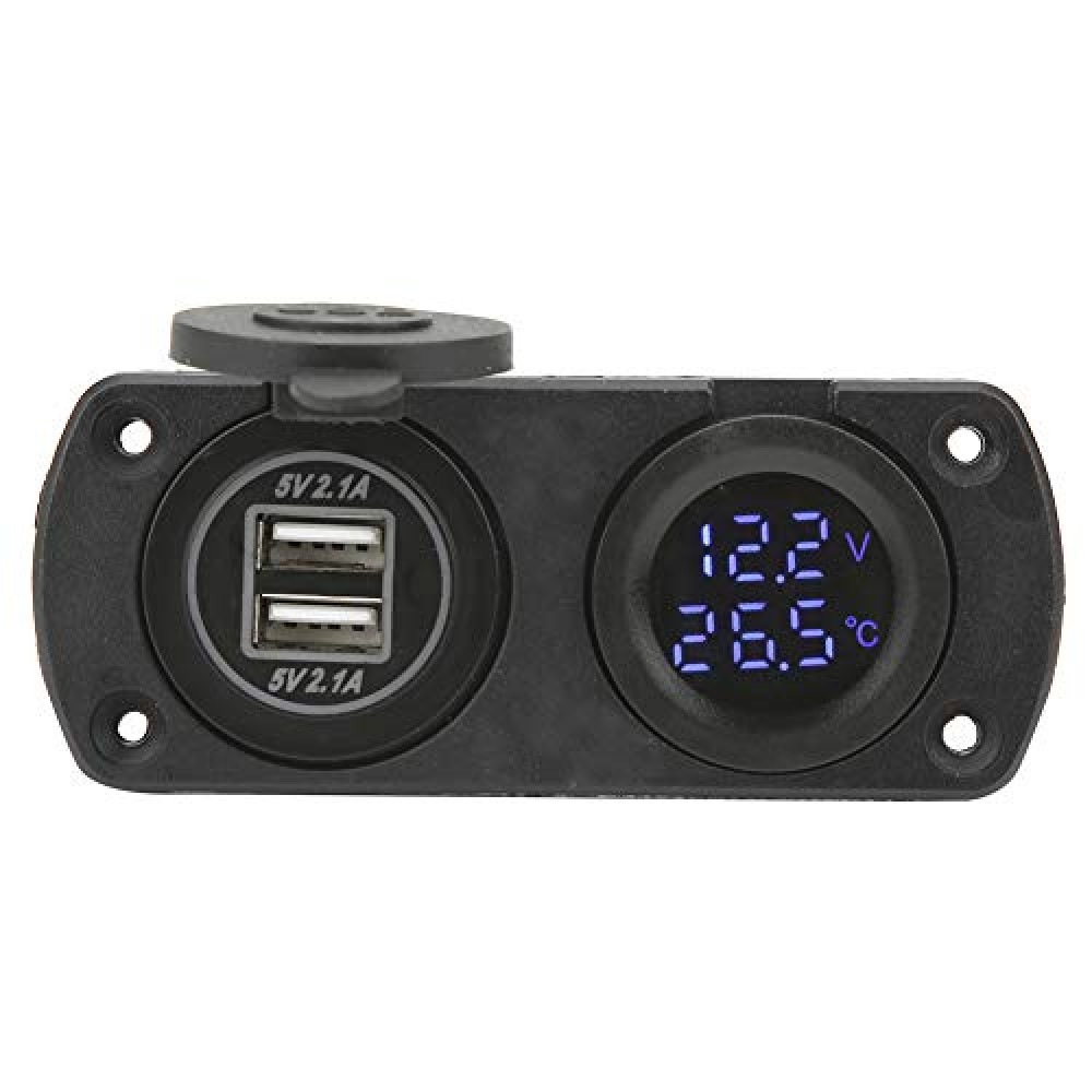 Temperature Voltmeter Charger, Dual USB 5V 4.2A High and Low Ttemperature Cigar Lighter Voltage Meter for Cigar Lighter Plug for Lockable Marine Pug(Blue)