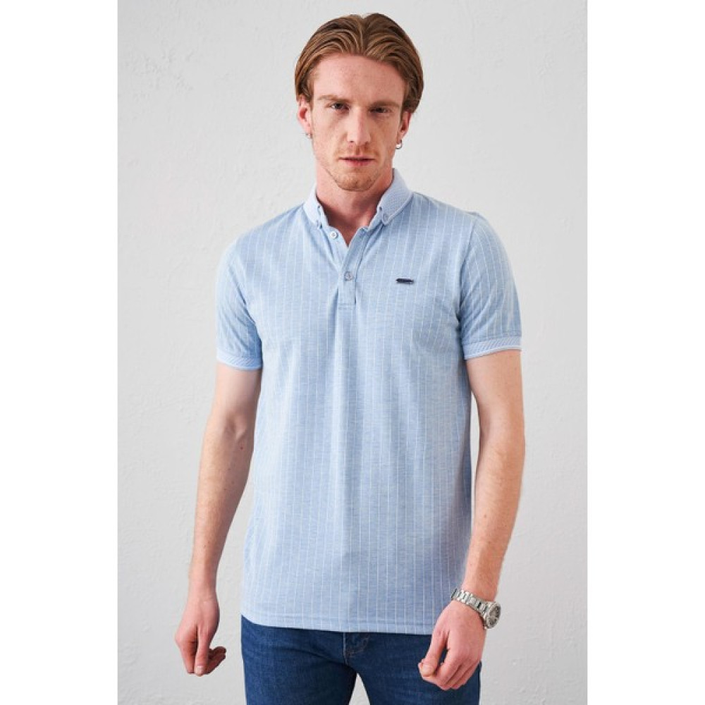Tena Moda Erkek Mavi Ayaklı Gömlek Yaka Dikine Çizgili Jakarlı Tişört Erkek T-shirt Fiyatı