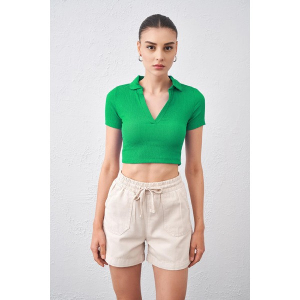 Tena Moda Kadın Benetton Yeşil Polo Yaka Bürümcük Kumaş Crop Bluz Fiyatı