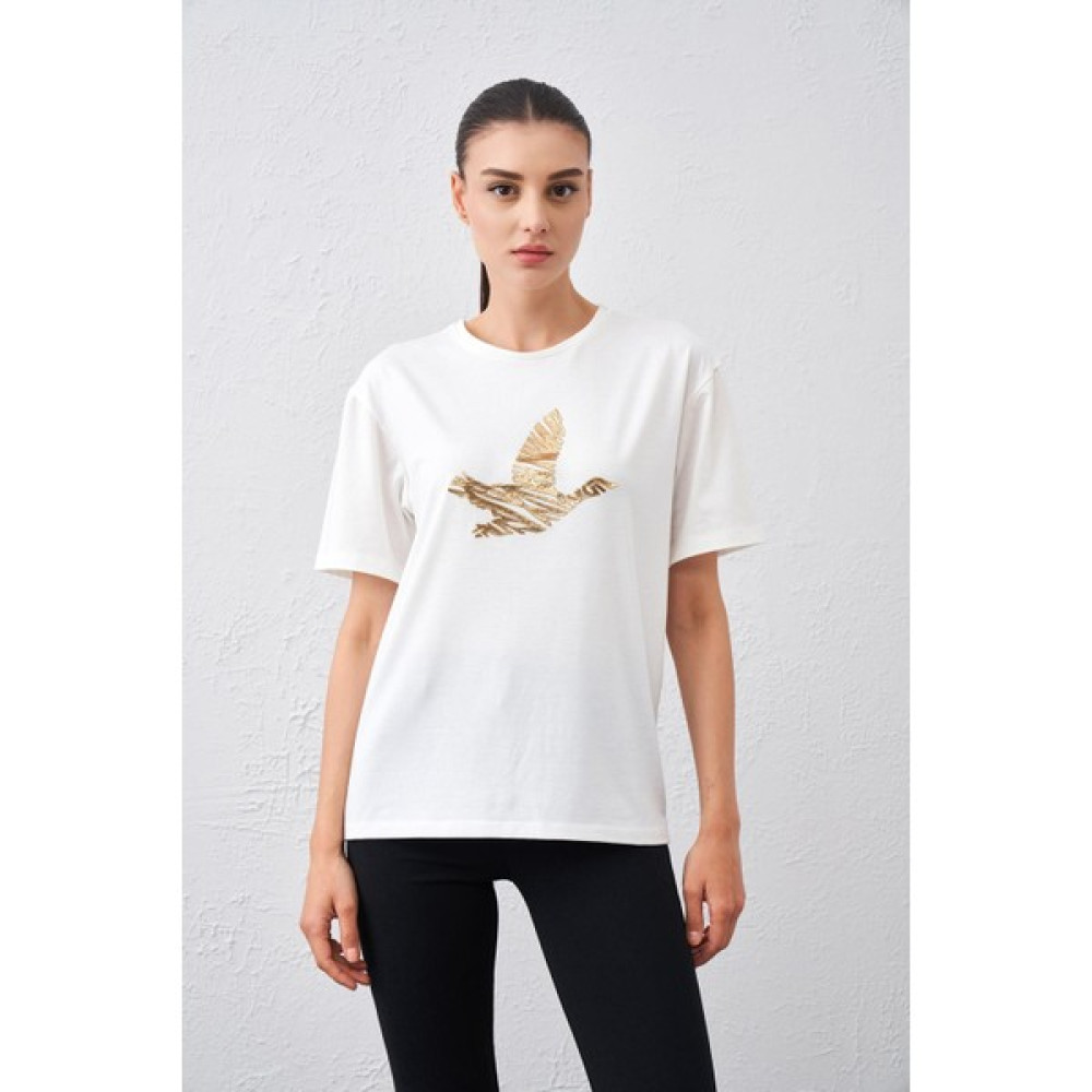 Tena Moda Kadın Ekru-Gold Bisiklet Yaka Kuş Baskılı Tişört Bayan T-shirt Fiyatı