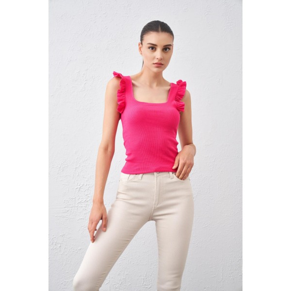 Tena Moda Kadın Fuşya Kolları Fırfırlı Kolsuz Kaşkorse Bluz Bluz Fiyatı