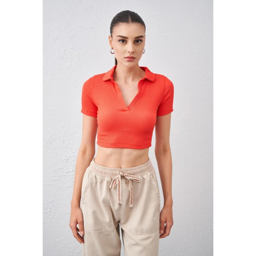 Tena Moda Kadın Nar Polo Yaka Bürümcük Kumaş Crop Bluz Fiyatı