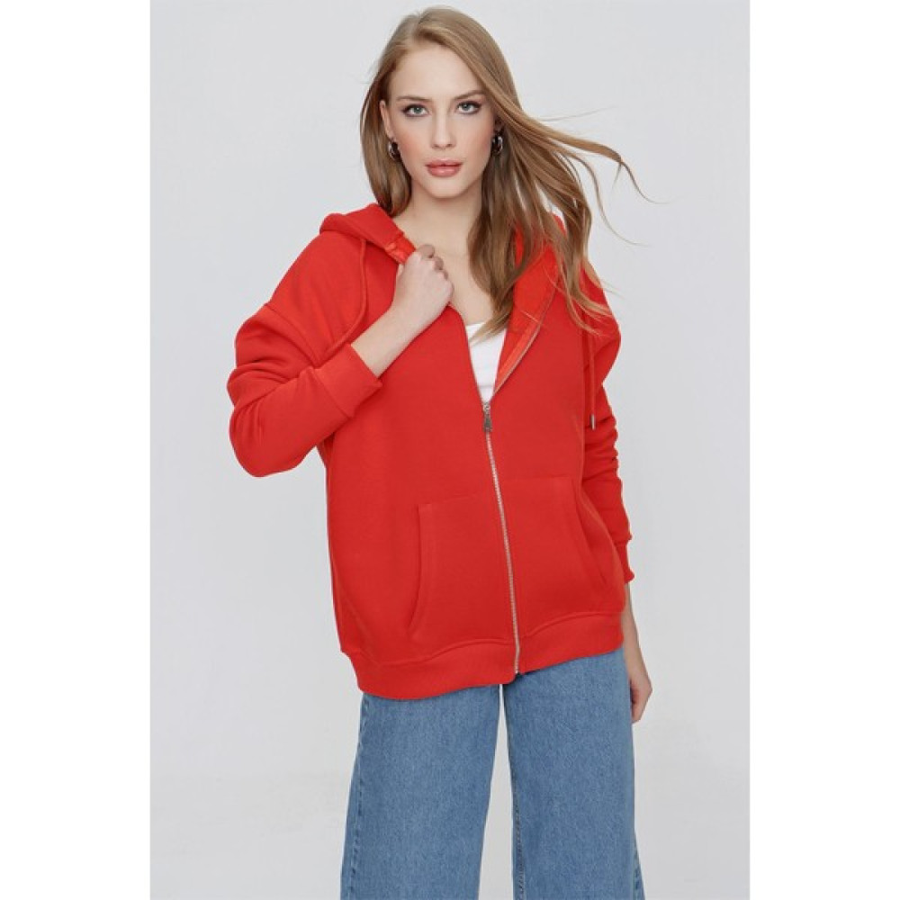 Tena Moda Kadın Orange Kapüşonlu Oversize Fermuarlı Sweatshirt Bayan Sweatshirt Fiyatı