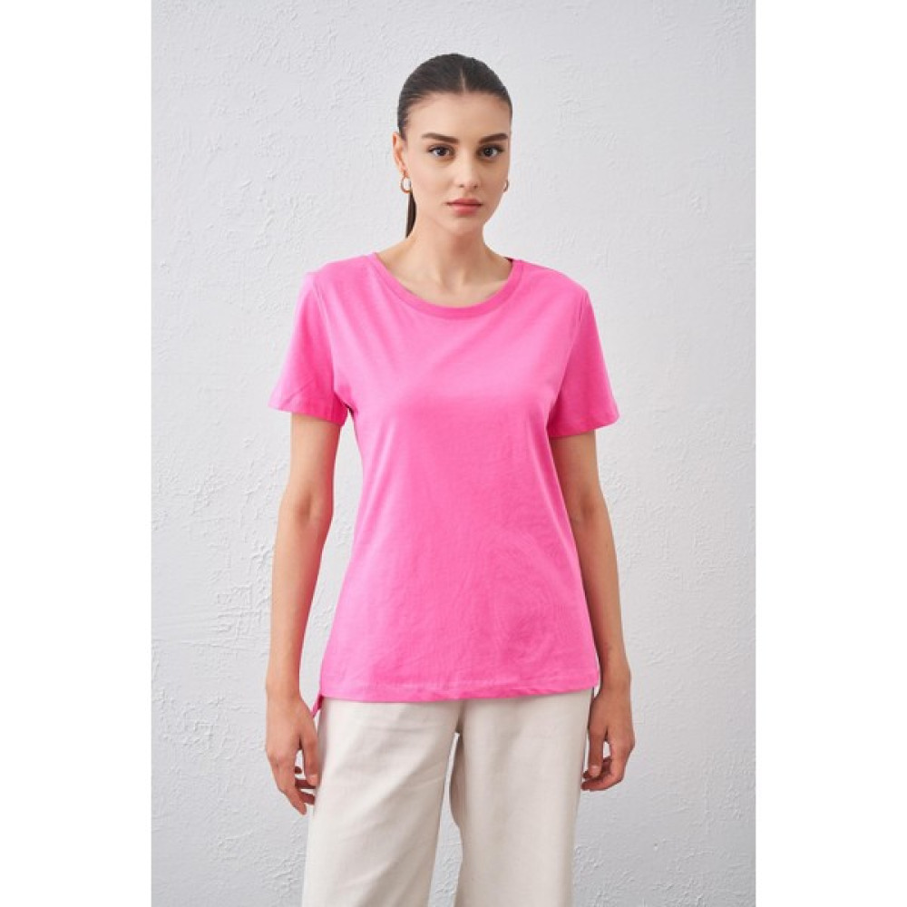 Tena Moda Kadın Pembe Yaka Ribanalı Bisiklet Yaka Basic Tişört Bayan T-shirt Fiyatı