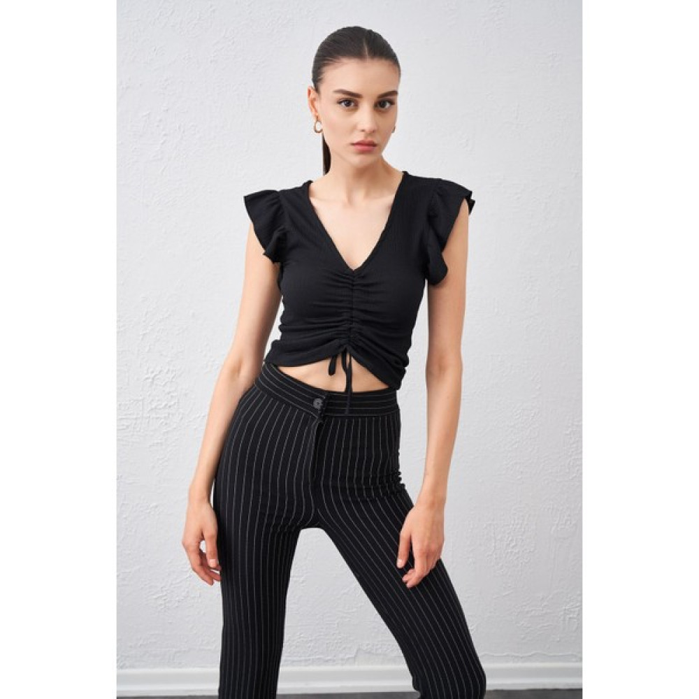 Tena Moda Kadın Siyah Kol Fırfırlı Önü Büzgülü Bürümcük Kumaş Bluz Bluz Fiyatı