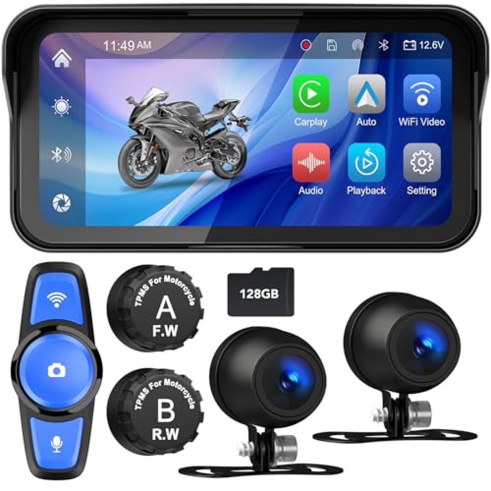Tenbaba Motorcycle CarPlay with 2 Cameras System, Front, Rear, Motorbike TPMS, 6.25" Motorbike GPS Navigation System, Motorcycle Carplay/Android Auto, IP67 Waterproof, Loop Recording, 128G TF Card