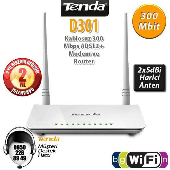 Tenda D301 4Port Wifi-N 300Mbps Adsl2+ Modem+Usb