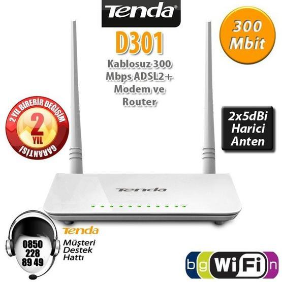 Tenda D301 4Port Wifi-N 300Mbps Adsl2+ Modem+Usb