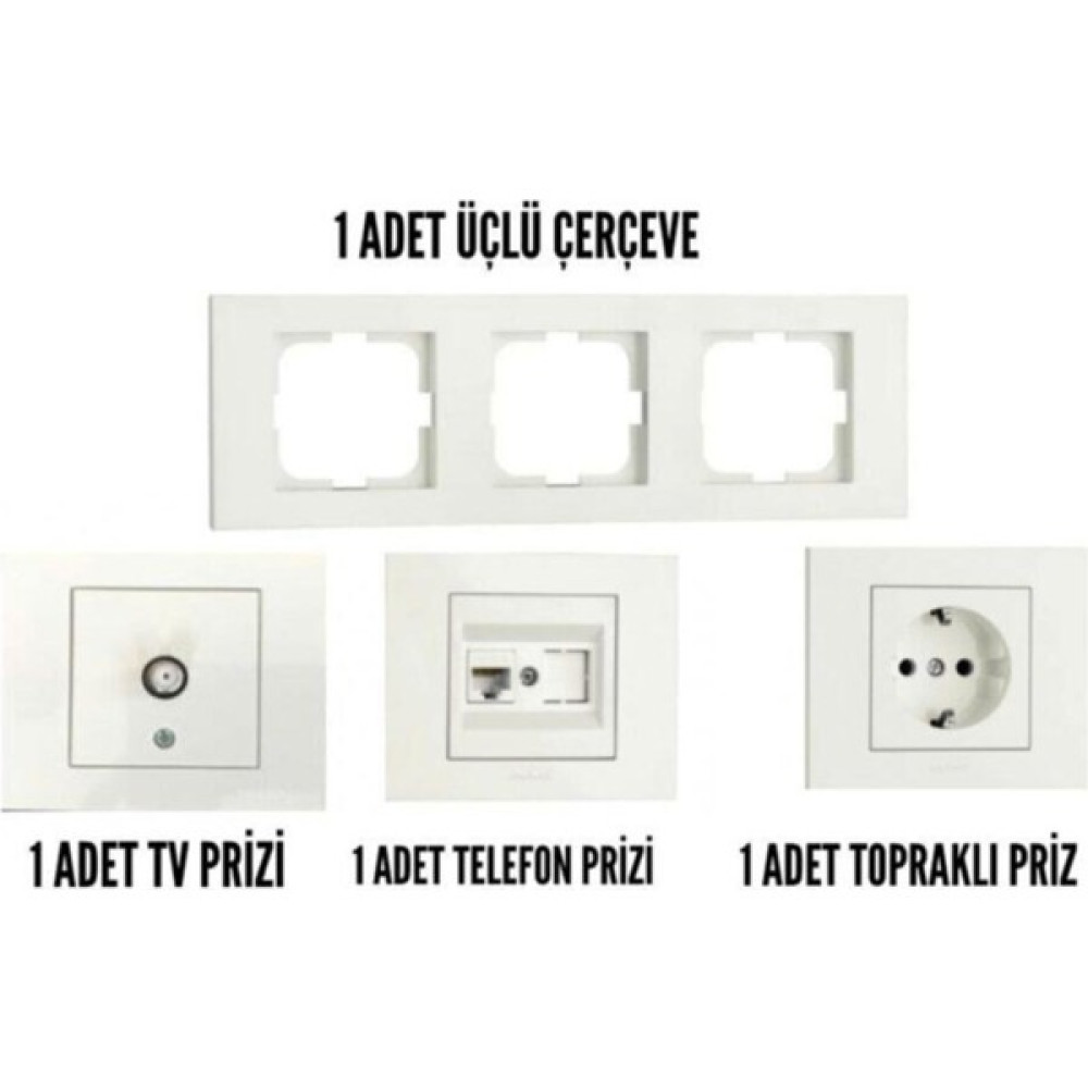 Tenda Ovivo Grano Beyaz 3'lü Set Top. Priz+Uydu Tv Prizi+Telefon Prizi+Üçlü Çerçeve Prizler Fiyatı