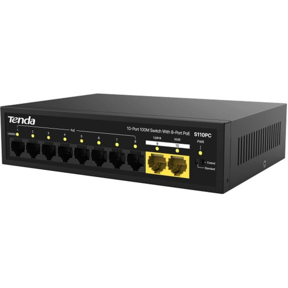 Tenda S110PC 10 Port 8 Port Poe+ 10/100 Mbps + 2 Port Uplink Switch Çelik Kasa Rack Mount Oto Boyaları Fiyatı