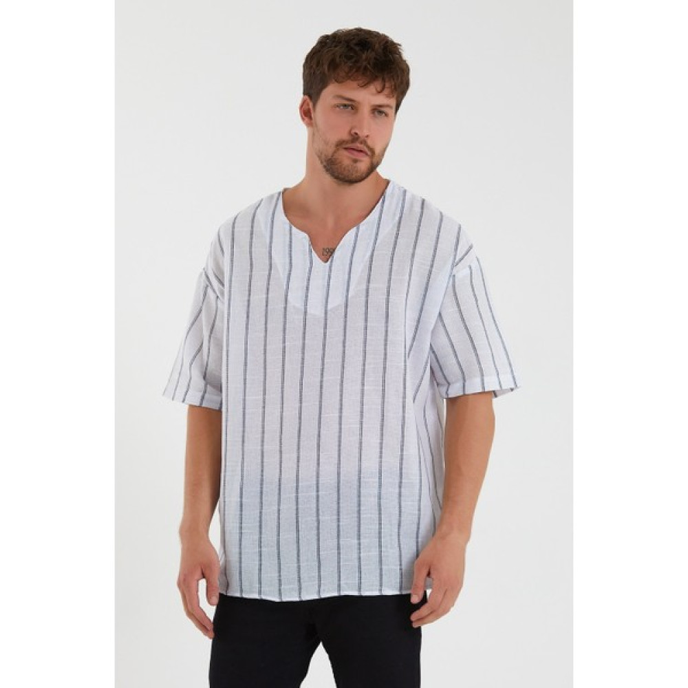 Terapi Men Erkek Açık V Yaka Oversize Kısa Kollu Çizgili Gömlek 22Y-4300634-1 Erkek Gömlek Fiyatı
