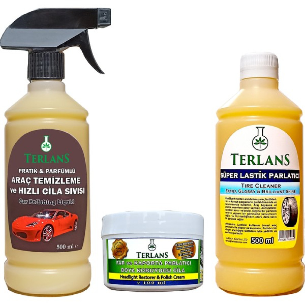 Terlans Hızlı Cila Quick Wax Far Kaporta Parlatıcı Lastik Parlatıcı Jel 3 Lü Set + Mikrofiber Bez ve Uygulama Süngeri Oto Bakım & Temizlik Ürünleri Fiyatı