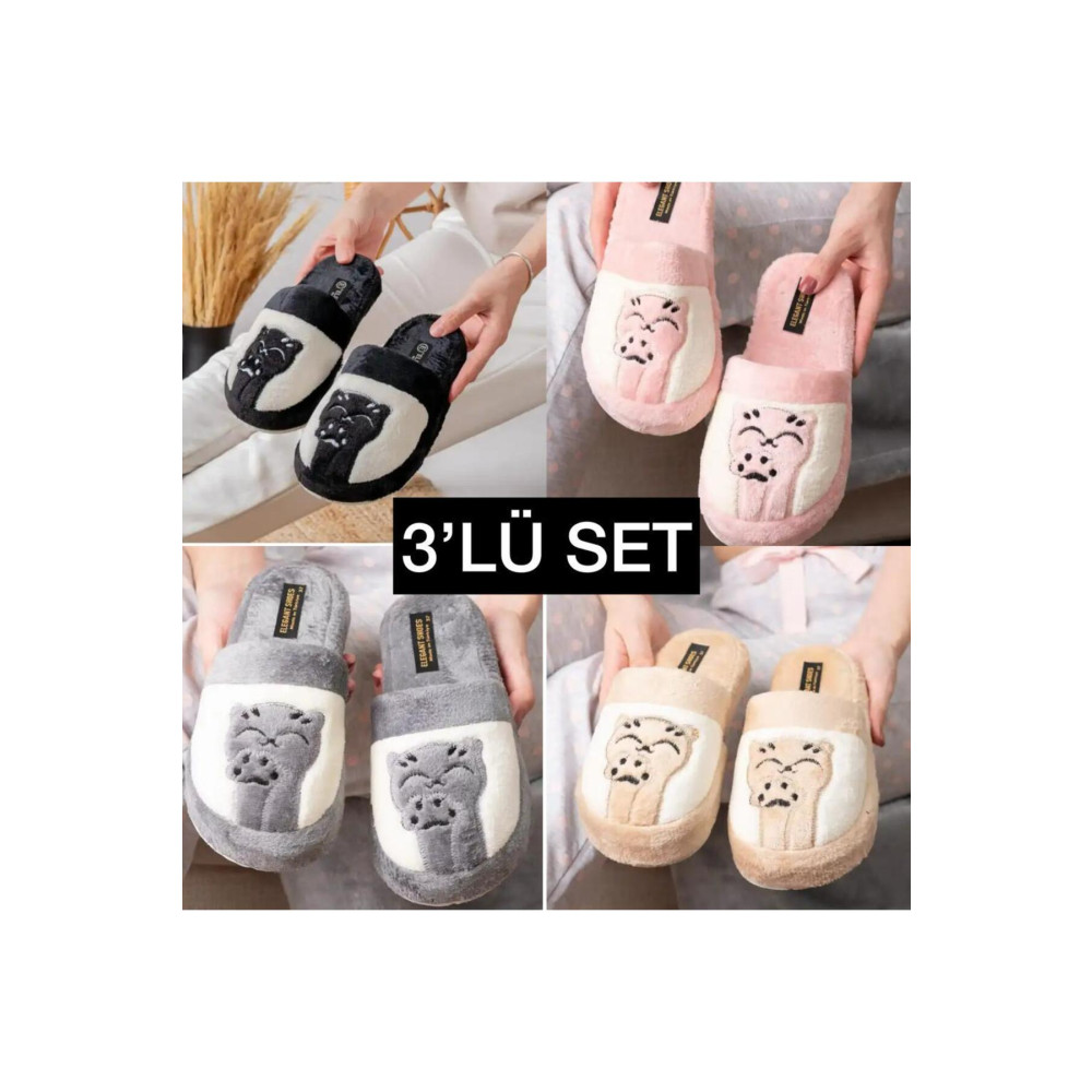 TERLİKLAND 3lü Paket Pati Kedi Desenli Kışlık Terlik Ev Terliği Çeyiz Bohça Seti Misafir Terliği 37 Beden Unisex Sandalet Fiyatı