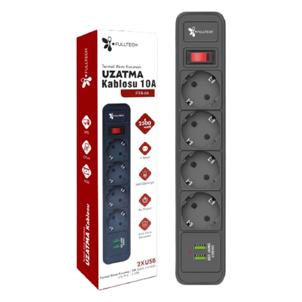 Termal Akım Korumalı Isıya Karşı Dayanıklı 4'lü Priz Kablo Uzunluğu 2 mt 2xusb Prizler Fiyatı