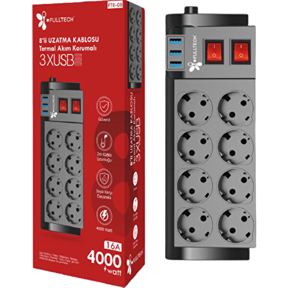 Termal Akım Korumalı Isıya Karşı Dayanıklı8'li Priz Kablo Uzunluğu 2mt 3xusb Prizler Fiyatı