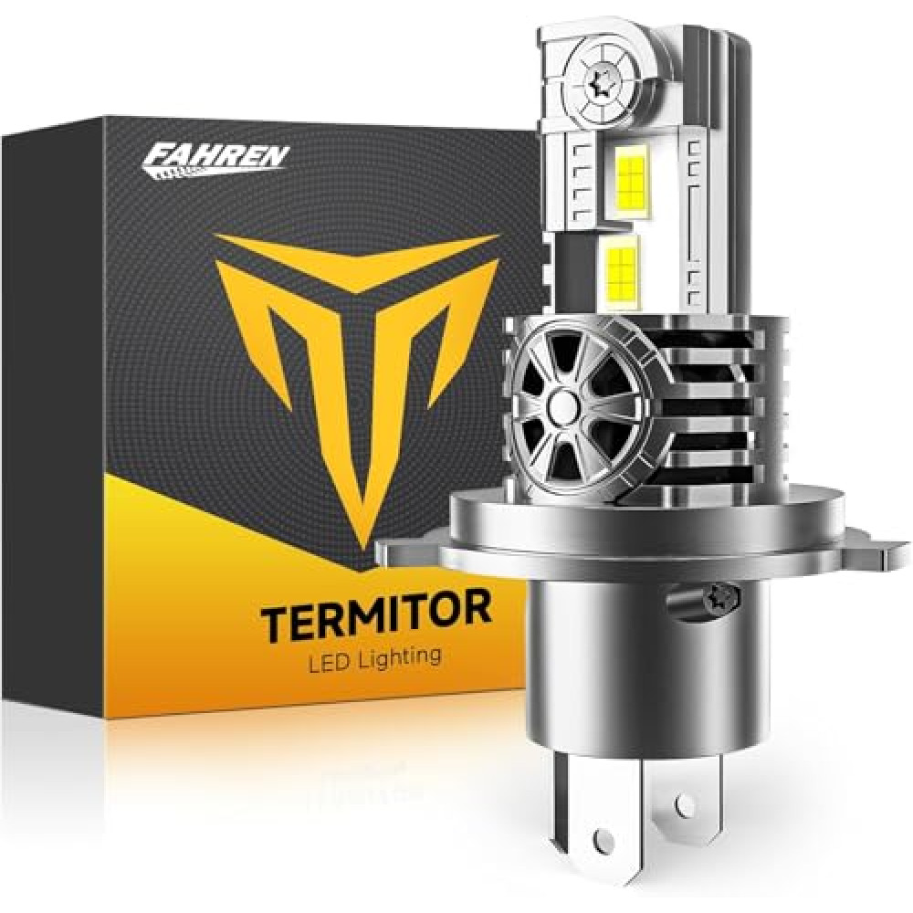 Termitor H4 Motorcycle Light Bulb Hi/Lo Beam 9003 Bulb 800% 18000 LM White 6500K CSP Chips, H4 Fog Bulb with Cooling Fan 1:1 Design, Pack of 1
