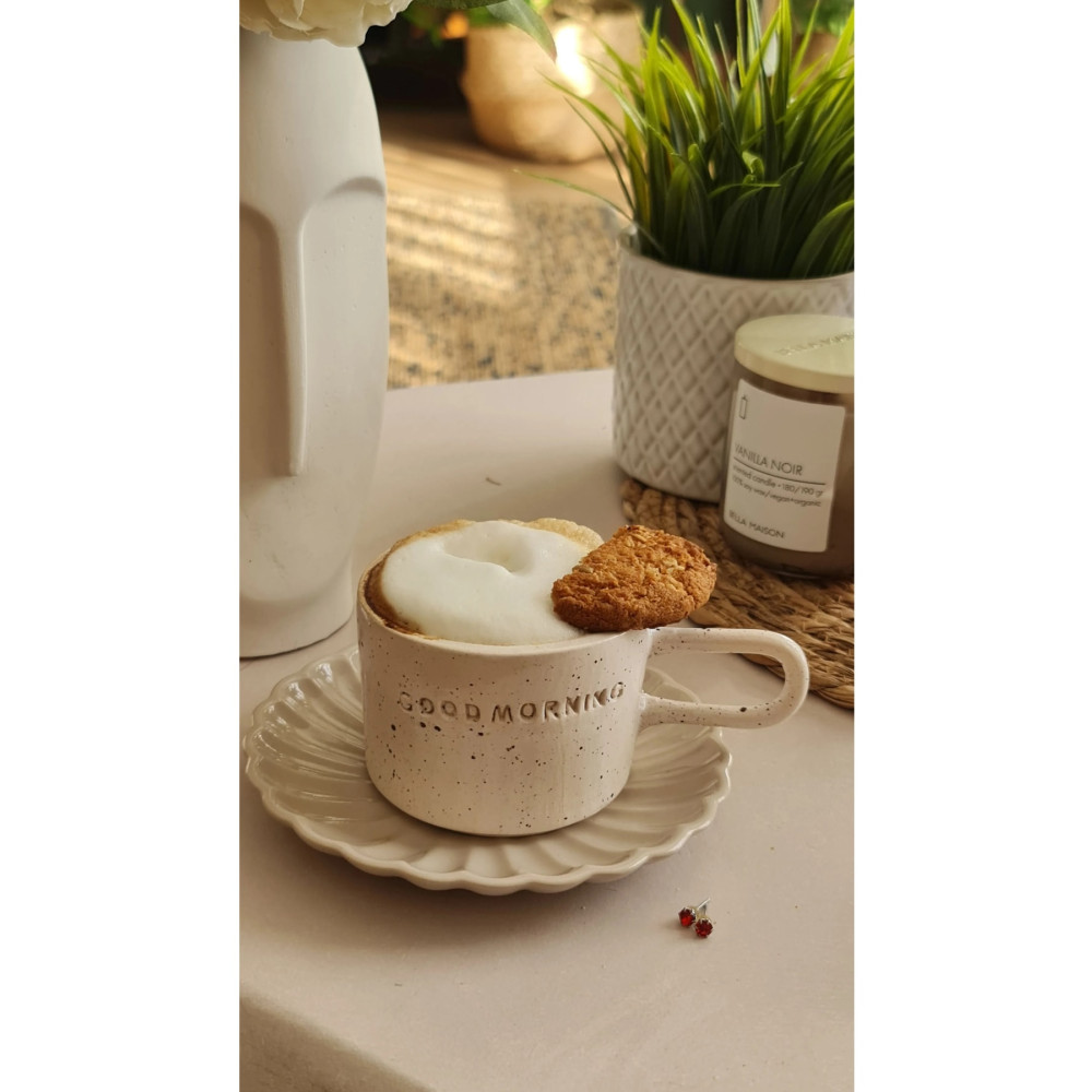 TERRACO El Yapımı Seramik Kahve Kupası Good Morning Beyaz Dokulu Kupa Fiyatı