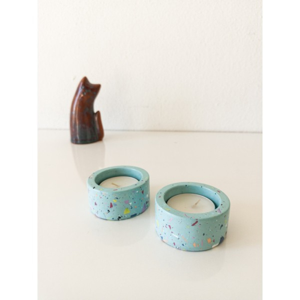 Terrazzo 2'li Dekoratif Tealight Mumluk - 0 - Turkuaz Şamdan Fiyatı