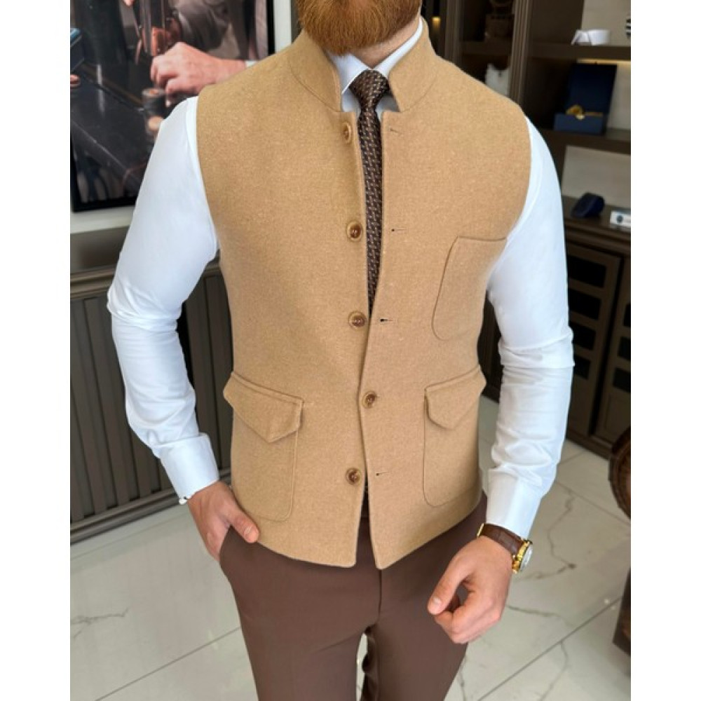 Terzi Adem Altun Italyan Stil Slim Fit Hakim Yaka Kaşe Cepken Yelek Camel T10537 Erkek Yelek Fiyatı