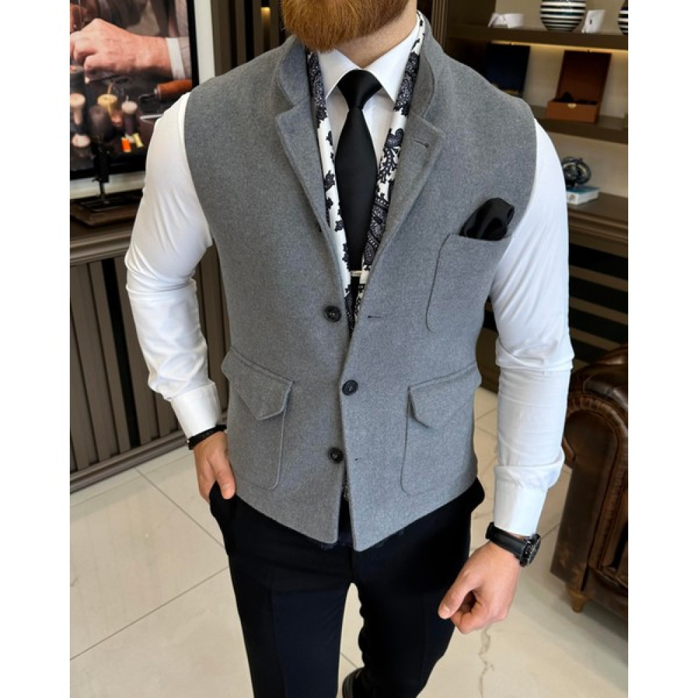 Terzi Adem Altun Italyan Stil Slim Fit Kaşe Hakim Yaka Cepken Yelek Gri T10539 Erkek Yelek Fiyatı