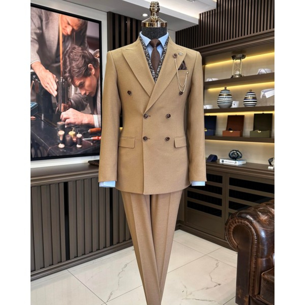Terzi Adem Altun Italyan Stil Slim Fit Kruvaze Ceket Pantolon Takım Elbise Camel T11359 Erkek Takım Elbise Fiyatı