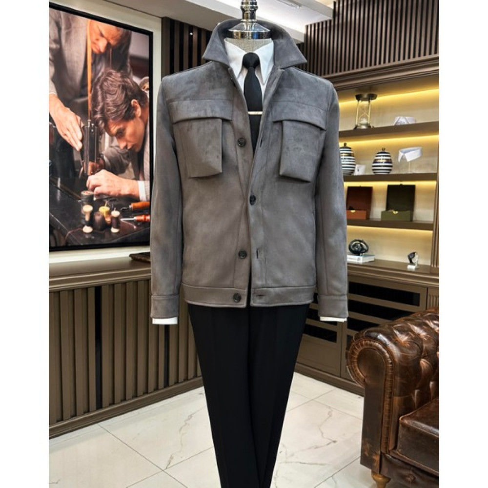 Terzi Adem Altun Italyan Stil Slim Fit Polo Yaka Süet Erkek Mont Gri T10267 Erkek Mont Fiyatı