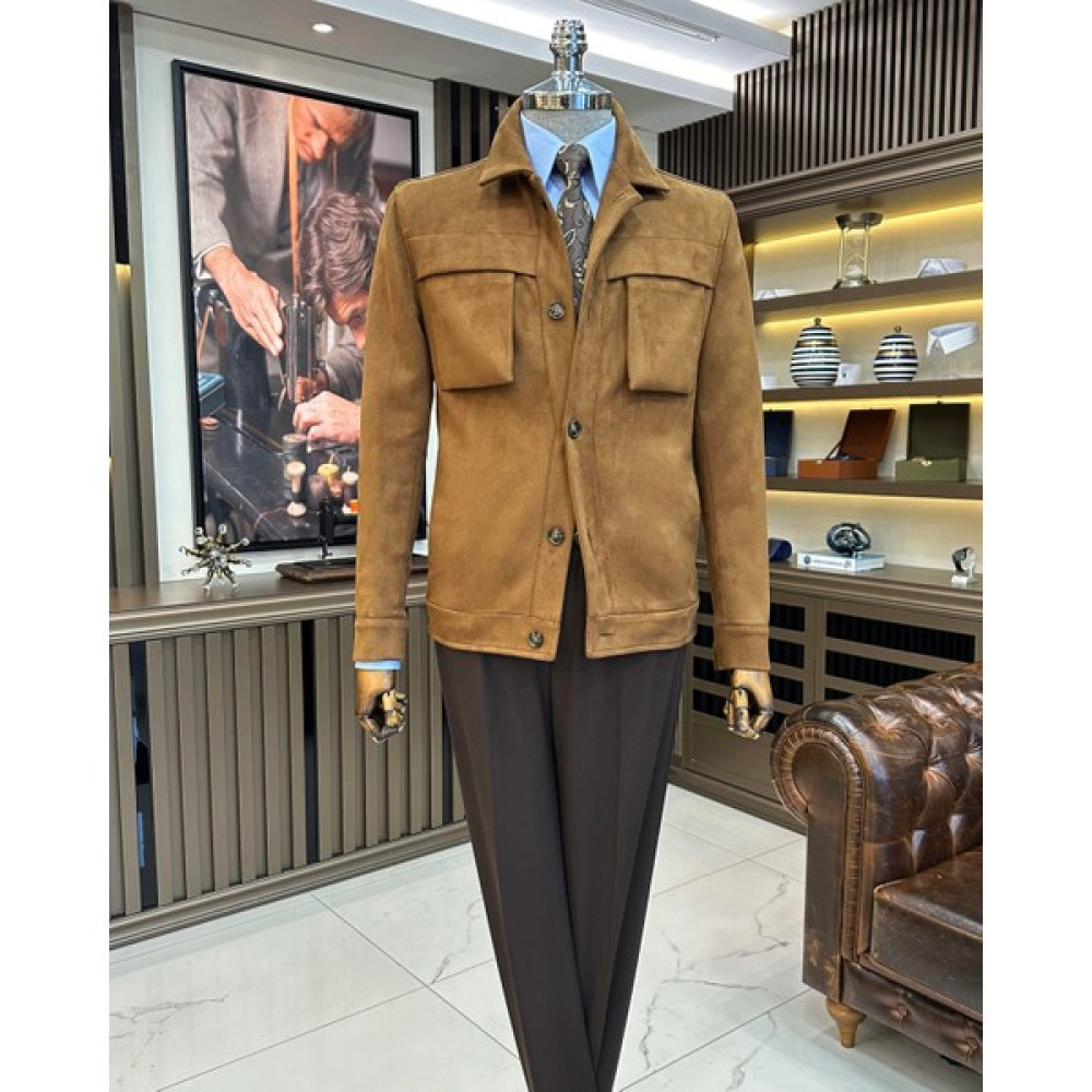 Terzi Adem Altun Italyan Stil Slim Fit Polo Yaka Süet Erkek Mont Kahverengi T10264 Erkek Mont Fiyatı