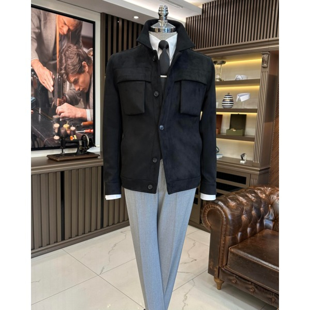 Terzi Adem Altun Italyan Stil Slim Fit Polo Yaka Süet Erkek Mont Siyah T10262 Erkek Mont Fiyatı