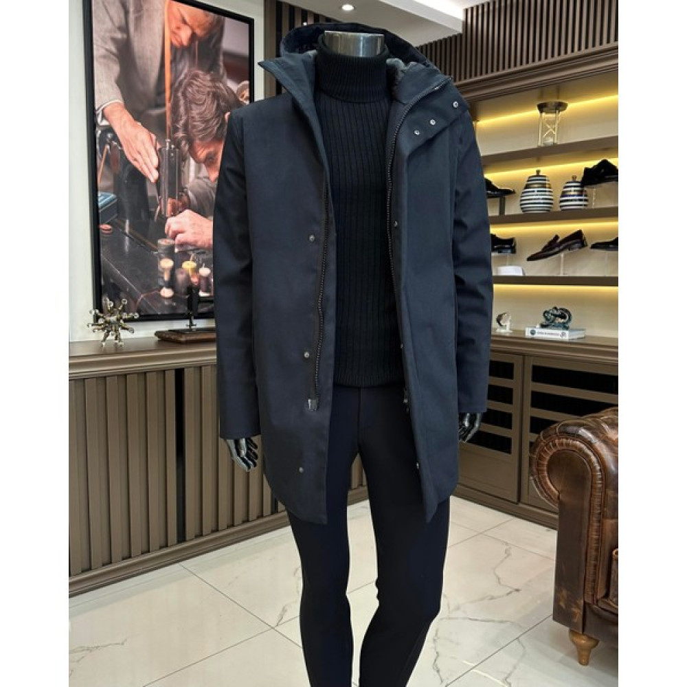 Terzi Adem Altun Terziademaltun Italyan Stil Slim Fit Erkek Kapüşonlü Uzun Mont Siyah T10678 Erkek Mont Fiyatı
