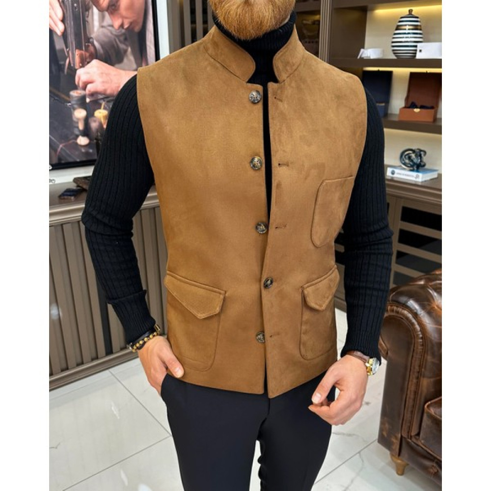 Terzi Adem Altun Terziademaltun Italyan Stil Slim Fit Hakim Yaka Süet Cepken Yelek Kahverengi T10255 Erkek Yelek Fiyatı