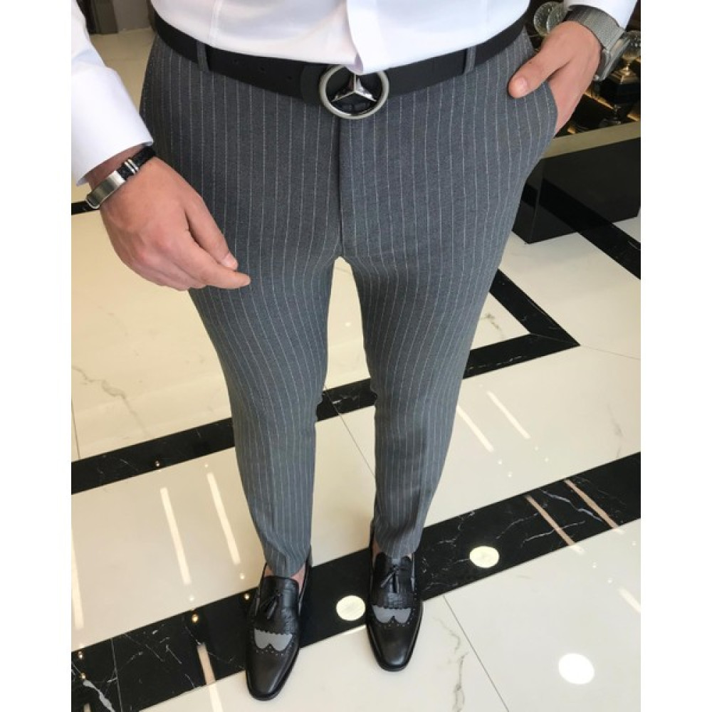 Terzi Adem Italyan Kesim Slim Fit Erkek Çizgili Pantolon Gri T9447 Erkek Pantolon Fiyatı