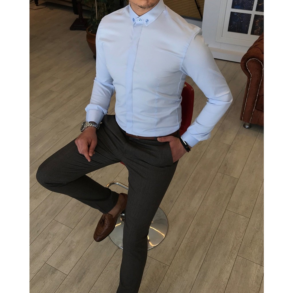 Terzi Adem İtalyan kesim slim fit erkek küçük yaka gömlek Buz Mavisi T4799 Erkek Gömlek Fiyatı