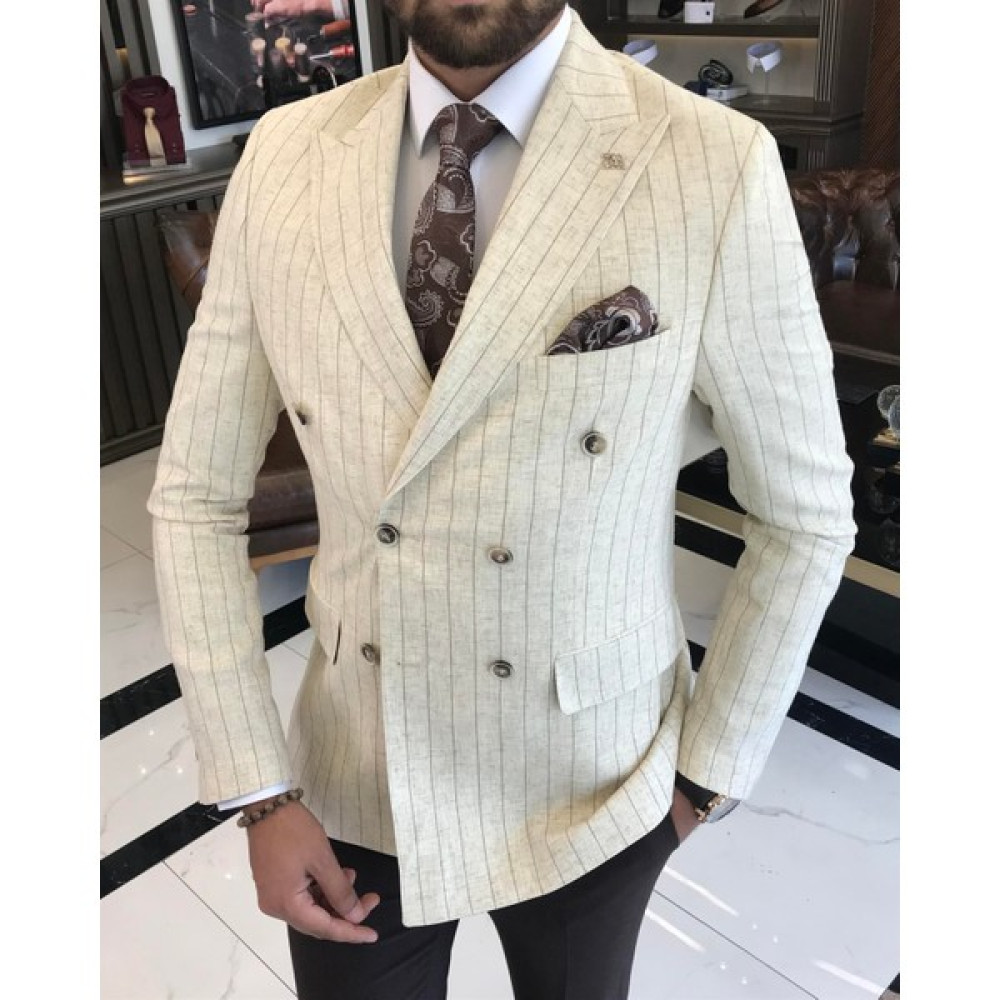 Terzi Adem Italyan Stil Erkek Slim Fit Keten Pamuk Karışımlı Çizgili Kruvaze Ceket Bej T9812 Erkek Ceket Fiyatı