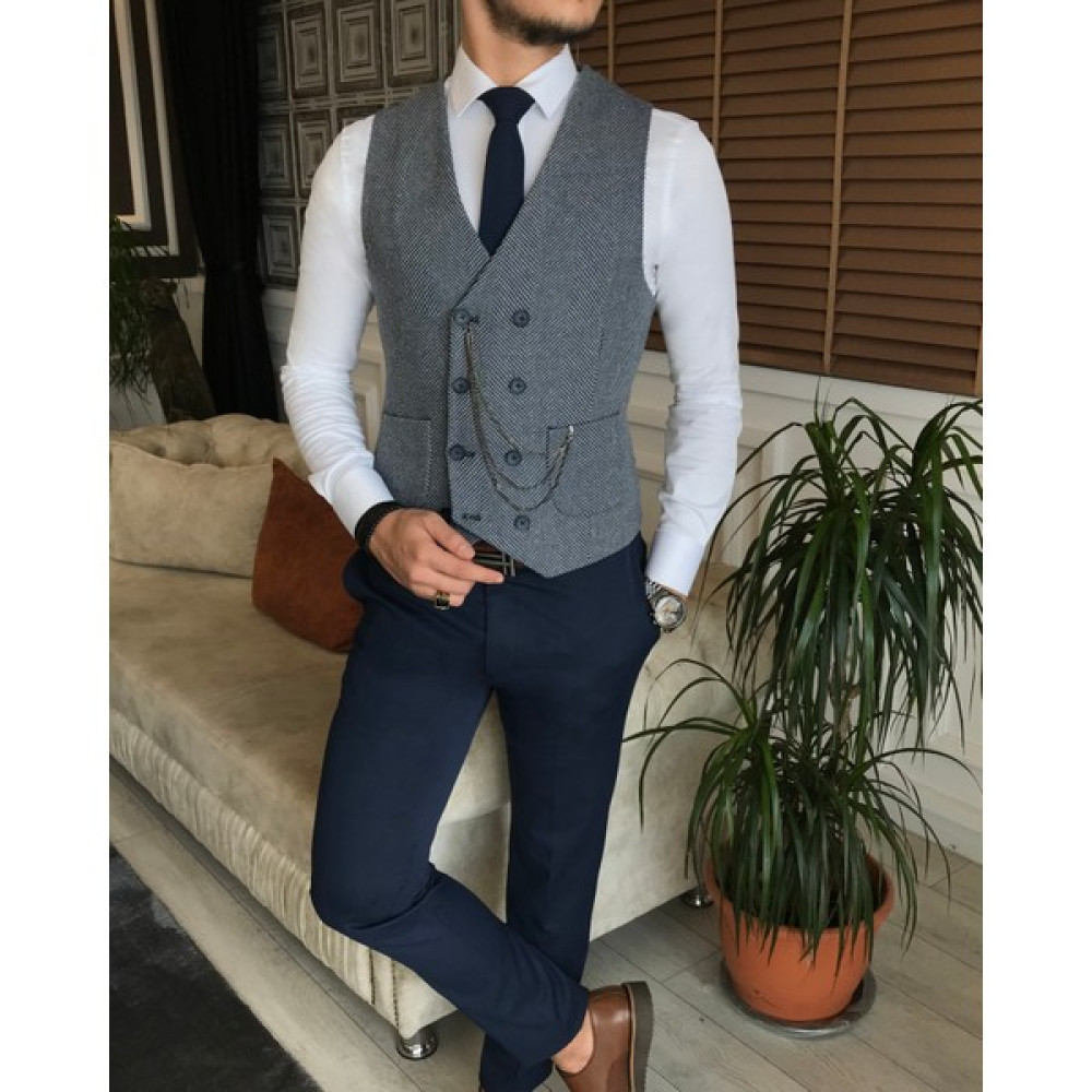 Terzi Adem Italyan Stil Erkek Slim Fit Mavi Cepken Yelek T6406 Erkek Yelek Fiyatı