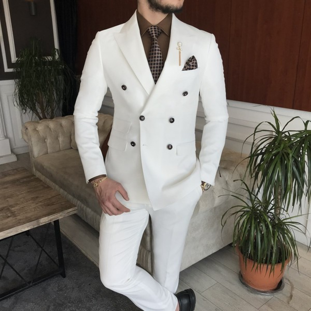 Terzi Adem Italyan Stil Kruvaze Ceket Pantolon Takım Elbise Beyaz T7099 Erkek Takım Elbise Fiyatı