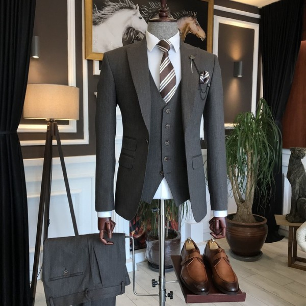 Terzi Adem Italyan Stil Slim Çizgili Ceket Yelek Pantolon Takım Elbise Kahverengi T6649 Erkek Takım Elbise Fiyatı