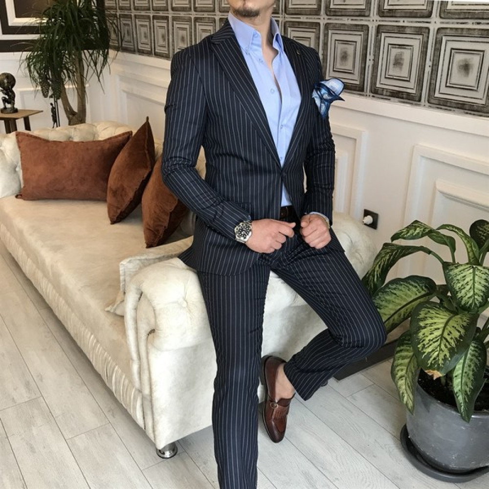 Terzi Adem İtalyan Stil Slim Fit Çizgili Erkek Ceket Pantolon Takım Elbise Koyu Lacivert T4896 Erkek Takım Elbise Fiyatı
