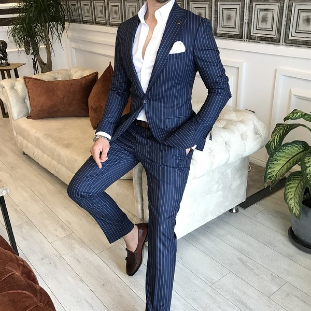 Terzi Adem İtalyan Stil Slim Fit Çizgili Erkek Ceket Pantolon Takım Elbise Lacivert T4897 Erkek Takım Elbise Fiyatı