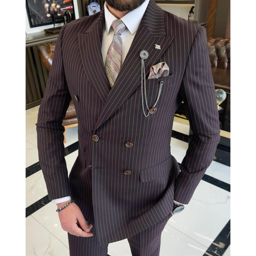 Terzi Adem Italyan Stil Slim Fit Çizgili Kruvaze Ceket Pantolon Takım Elbise Bordo T9550 Erkek Takım Elbise Fiyatı